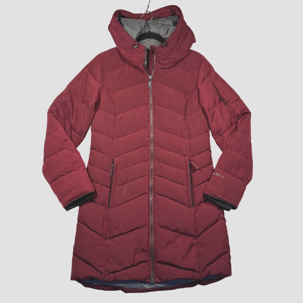 Eddie Bauer Womens Down Puffer Coat Knee Length Hooded Full Zip‎ Maroon Small